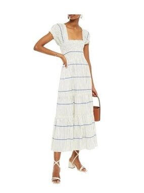 TORY BURCH SMOCKED COTTON MIDI DRESS Blue and white SIZE Small